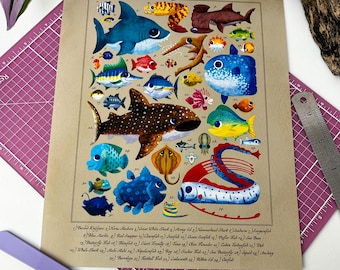 Creatures of the Sea | Illustrated Fish Sea Creature Art Print 8x10