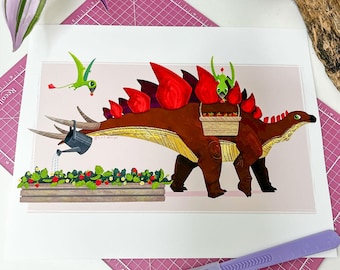 Strawberry Stegosaurus |  Illustrated Dinosaur Art Print