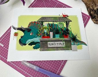 Triceratops Plant Shop | Dinosaur Illustration Art Print