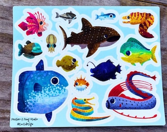 Creatures of the Sea | Ocean Saltwater Fish Vinyl Sticker Sheet 14ct