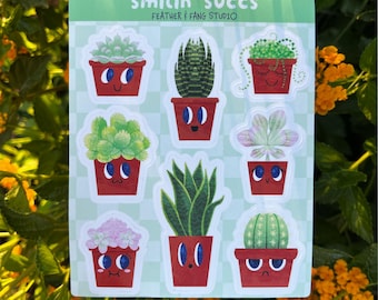 Smilin' Succulents Plant Art Illustration Sticker Sheet | Happy Potted Cacti Vinyl Stickers 8 count