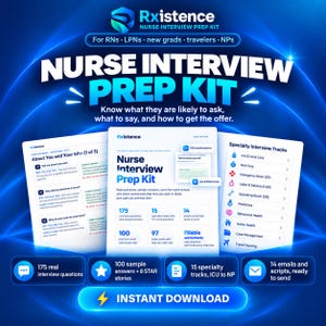 May include: A digital nurse interview prep kit featuring three white document pages with blue text and icons. The central page displays the title Nurse Interview Prep Kit, 175 questions, 15 specialty tracks, and 14 email scripts. Includes an instant download button.