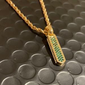 Men&#39;s Diamond Vertical Bar Pendant - Gold on Emerald Pavé gemstones