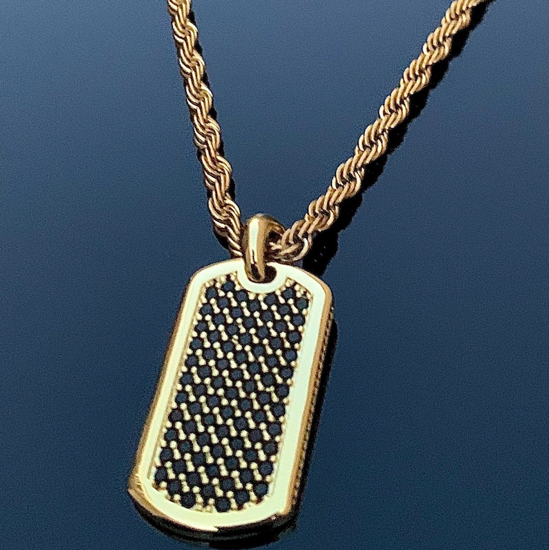 Gold Dog Tag Pendant Necklace on Black Gemstones by J. Vartani Etsy