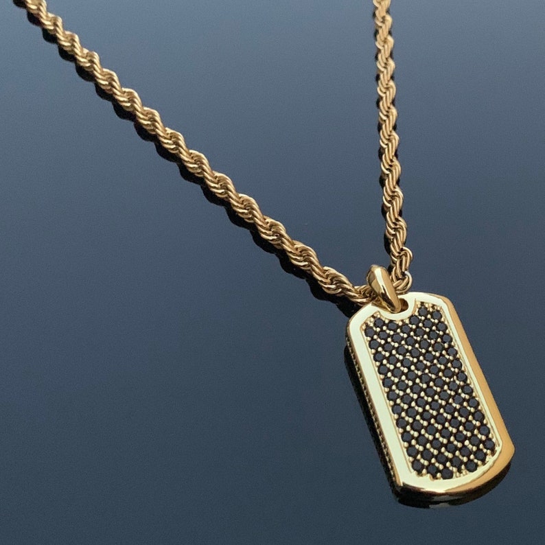 Gold Dog Tag Pendant Necklace on Black Gemstones by J. Vartani Etsy