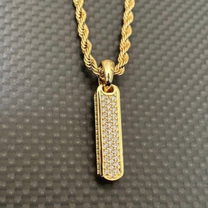 Men&#39;s Diamond Vertical Bar Pendant - Gold on White Pavé gemstones