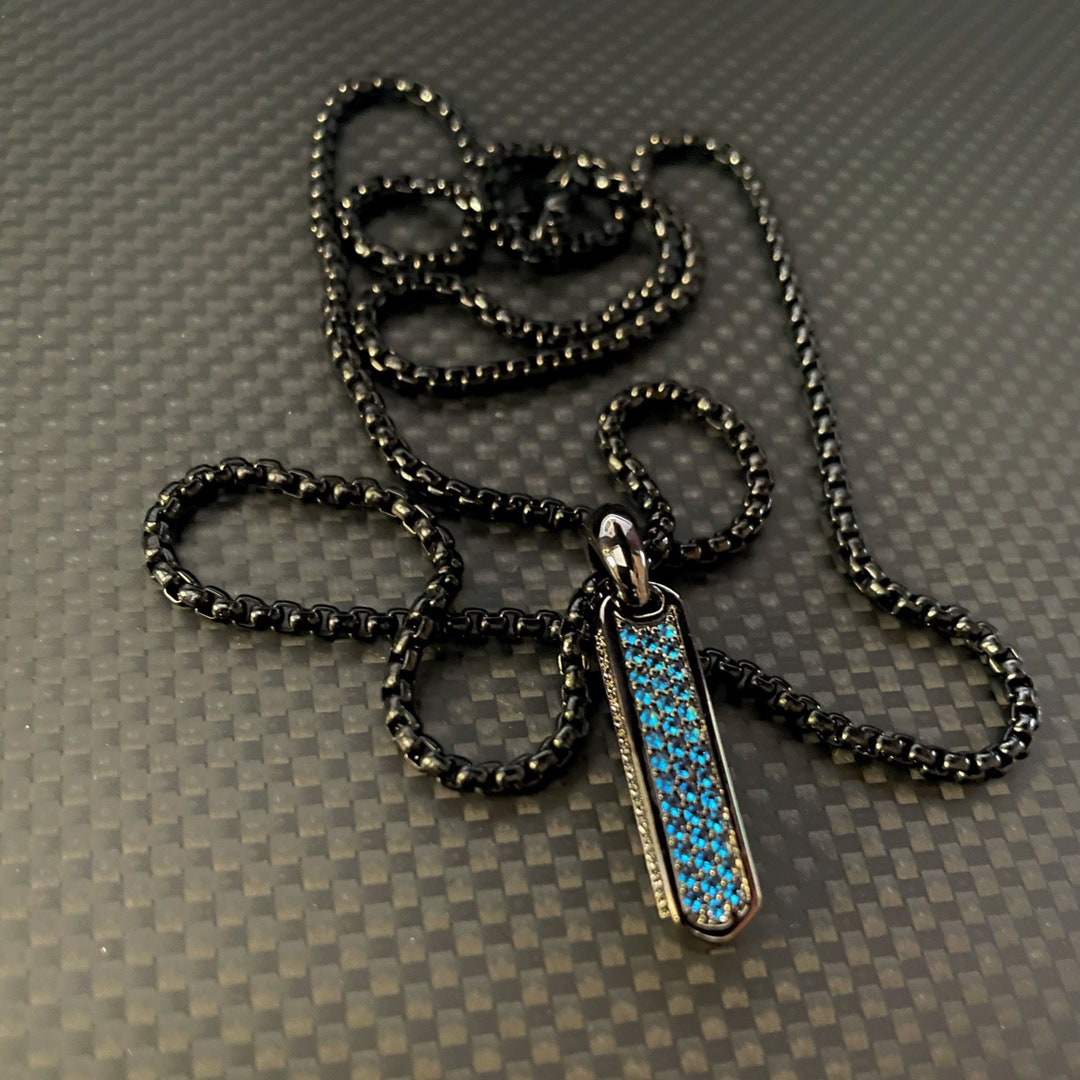 Men's Diamond Vertical Bar Pendant Rhodium Black on Sapphire Blue Etsy