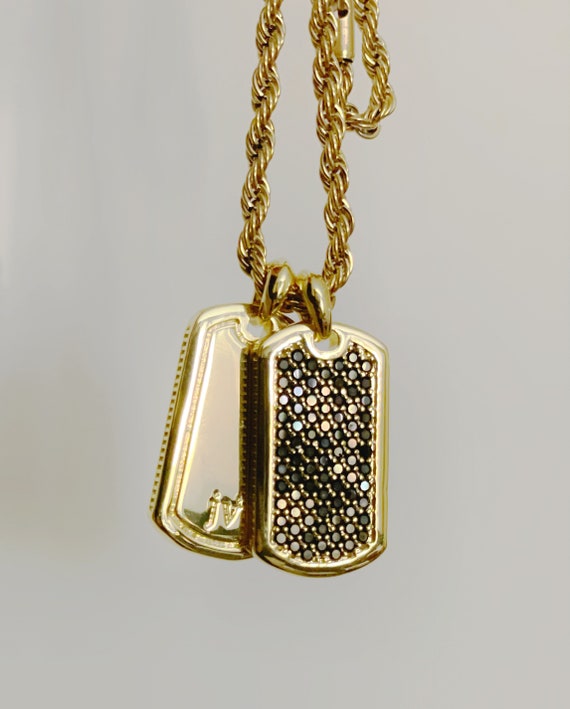 Double Gold Dog Tag Pendant Necklace on Black Gemstones by JV