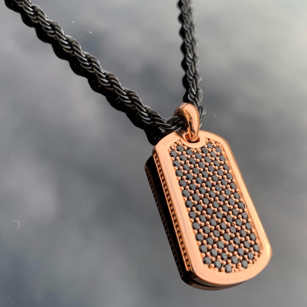 Rose Gold on Black Gemstones Dog Tag Necklace by JV Jewelry