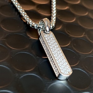 Men&#39;s Diamond Vertical Bar Pendant - Rhodium Silver on Pavé diamond gemstones