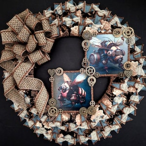 May include: A steampunk-themed wreath with a brown burlap bow, blue and white patterned fabric, and two framed images of steampunk bees. The wreath is decorated with gears, clock faces, and other embellishments.