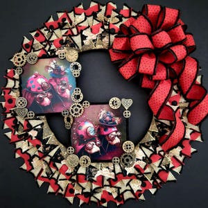 May include: A steampunk-themed wreath with a red and black polka dot bow. The wreath is decorated with gold gears, black and red fabric, and two images of ladybugs with steampunk accents.