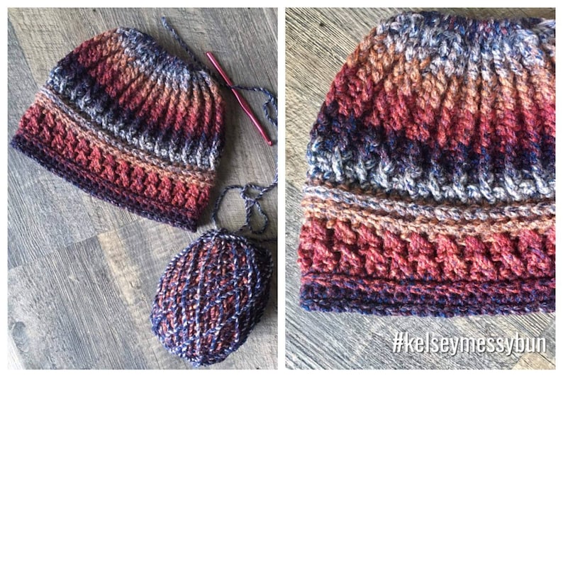 Messy bun hat displayed layed flat with ball or yarn (L) and close up (R). Heavily textured vertical ribbing top half, wide cross stitch texture band from ear height down with horizontal ribbing at top and bottom of band. Rich purples, peach & orange