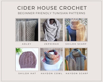 Beginner friendly Tunisian crochet pattern bundle, crochet pattern, crochet wrap, crochet scarf, crochet hat, crochet cowl, crochet pillow