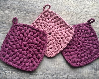 Crochet PATTERN - Puff Stitch Hot Pad, crochet hot pad pattern, crochet pot holder pattern, crochet trivet pattern, ribbon yarn, puff stitch