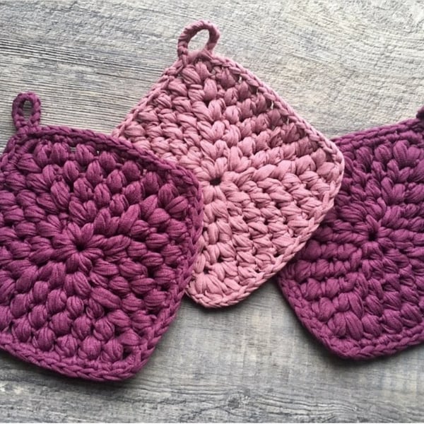 Crochet PATTERN - Puff Stitch Hot Pad, crochet hot pad pattern, crochet pot holder pattern, crochet trivet pattern, ribbon yarn, puff stitch