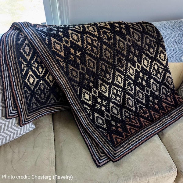 Mozaïekhaakpatroon: Lisane-overlaydeken, 4 maten (tabellen en schriftelijke instructies)