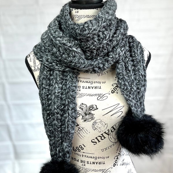 Crochet PATTERN, Bainsbridge scarf, crochet scarf, pom pom scarf, winter scarf, ribbed scarf, extra long scarf, crochet scarf pattern