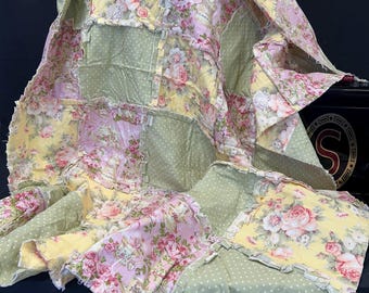 Roses and Teacups Ragged Throw Quilt