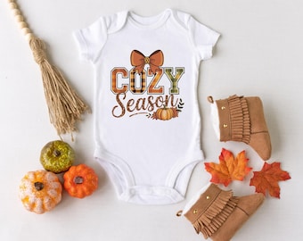Cozy Season SVG PNG | Fall Varsity Design with Bow and Pumpkin Cut File