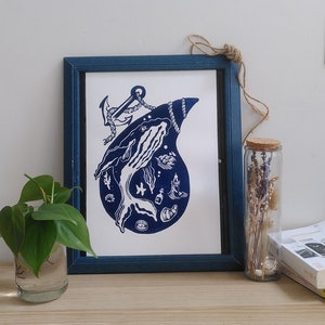 Linocut - Whale in a drop of water