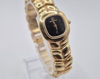 Reloj de mujer Rodania vintage dorado, cuarzo PUW 510, esfera negra estrellada, 19 mm, pulsera de malla dorada, batería nueva