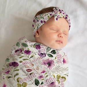 Custom Floral Swaddle and bow set newborn, Swaddle and hat set, Newborn girl hospital reveal outfit, baby shower gift, stretchy swaddle