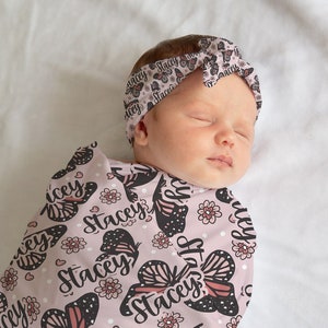 Personalized Newborn Swaddle, Baby Girl Blanket, Custom Baby Hat, Baby Bow, Baby Name Blanket, Baby Swaddle, butterfly swaddle shower gift