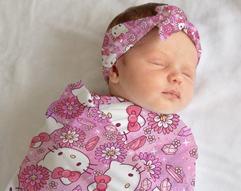 Personalized Pink anime cat Swaddle bow set newborn Swaddle hat set, Newborn girl hospital reveal outfit, baby shower gift, stretchy swaddle