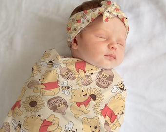 Winnie the Pooh Swaddle and bow set newborn, Swaddle and hat set, Newborn girl hospital reveal outfit, baby shower gift, stretchy swaddle
