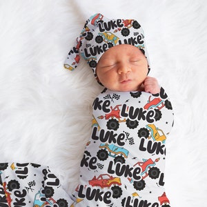 Personalized Baby Boy Swaddle Blanket Hat Set, trucks swaddle, hospital reveal outfit baby boy, baby shower gift, receiving blanket for boys