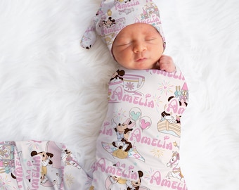 Personalized Disney Swaddle set bow hat, custom name Newborn going home swaddle, girl hospital reveal, minnie and micky mouse swaddle
