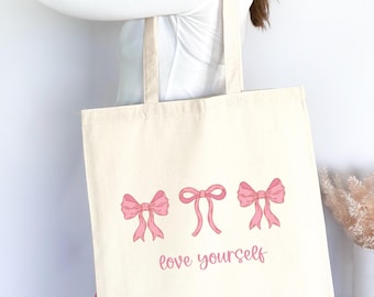 Coquette Canvas Tote Bag, Positive Affermation Tote Bag, Bow Tote bag, Gift for her wife daughter under 50, stocking stuffer