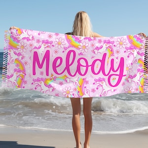 Personalized Name Beach Towel Pink Unircorn, custom name beach towel,  kids beach towel, Tassle beach towel, personalized gift