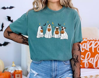 Camiseta de cachorro fantasma Halloween Camiseta de cachorro assustador, Camiseta gráfica fofa de cachorro fantasma, Camiseta estética de Halloween para amantes de cães, Camiseta minimalista de fantasma