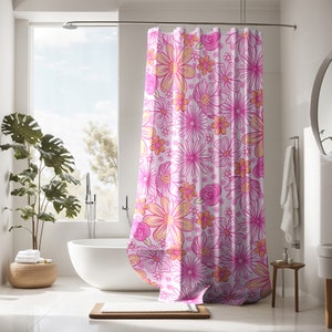 Benutzerdefinierte rosa Boho Duschvorhang geblümt, Duschvorhang retro, personalisierter Duschvorhang, Vintage botanischer Duschvorhang