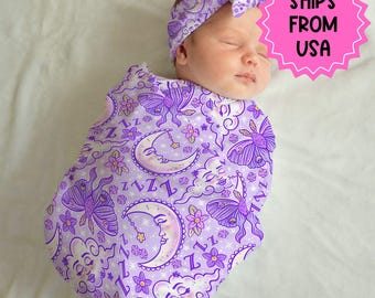 Personalized Purple Swaddle and bow set newborn, Swaddle and hat set, Newborn girl baby hospital outfit, baby shower gift,stretchy swaddle