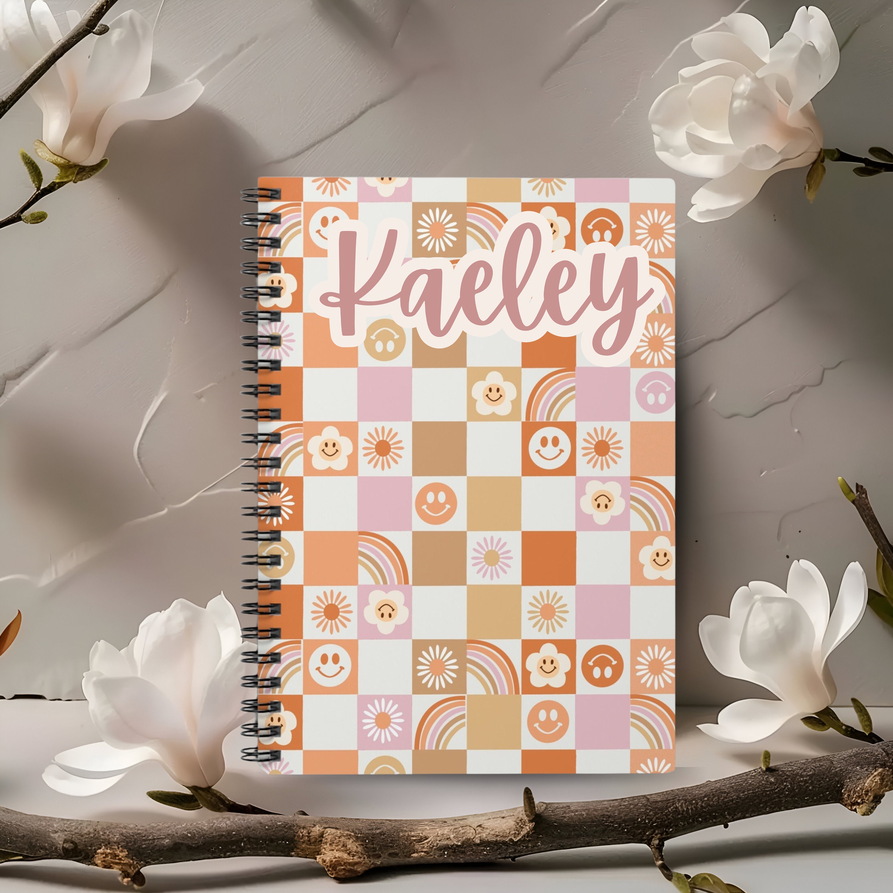Notebook Patterns Retro Personalized Retro Notebook, Checkered Spiral Journal, Smiley Face ...