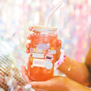 Preppy glass cup positive affirmation cup with bamboo lid glass straw, Cute Cup Beer Can Iced Coffee Glass Cup Cute Glass Cup gift for her