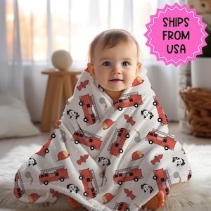 Feuerwehrdecke Junge, Erstlingsdecke, Feuerwehrauto, Überwurf, Geburtstagsgeschenk für Ihn, individuelle Babydecke, Babypartygeschenk Kleinkind