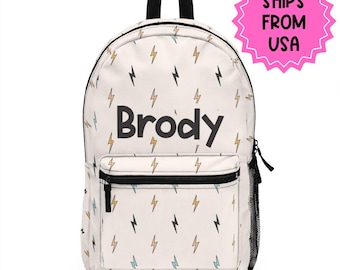 Personalized Backpack lightning bolt, Back to school boys bag Kids toddler Backpack, Gifts for kids beige Boys Backpack, custom daycare bag