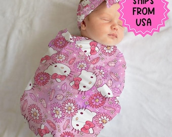 Personalized Pink Anime Cat Swaddle Set: Newborn Girl Outfit