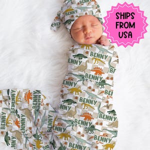 Personalized Baby Boy Swaddle Blanket Hat Set, Dinosaur swaddle, checkered hospital reveal outfit boy baby shower gift receiving blanket