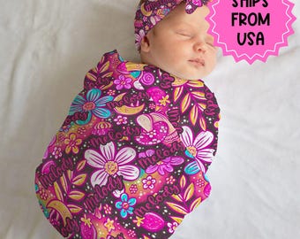 Personalized swaddle hat set floral newborn blanket hospital announcement reveal outfit baby girl large stretchy swaddle baby shower gift
