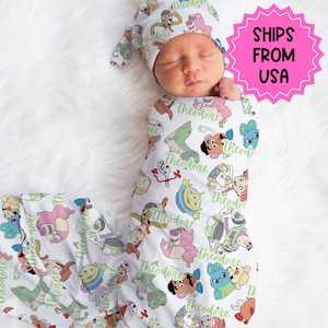 Personalized Disney Swaddle set hat, custom name Newborn going home swaddle, boys hospital reveal, toy story swaddle image 1