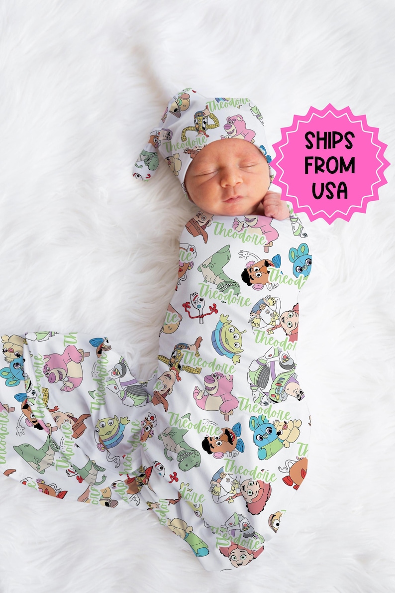 Personalized Disney Swaddle set hat, custom name Newborn going home swaddle, boys hospital reveal, toy story swaddle image 1