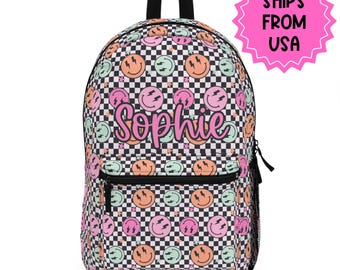 Personalized Backpack smiley face checkered, Back to school Gifts for kids Girls Backpack, Kids toddler Backpack, custom daycare bag
