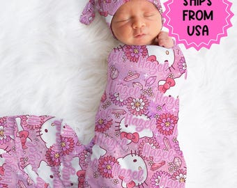 Personalized Pink Anime Cat Swaddle Bow Set Newborn Swaddle Hat