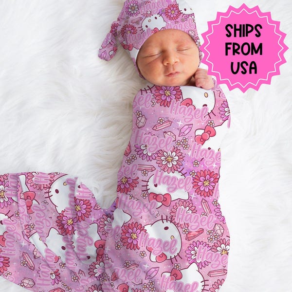 Personalized Pink anime cat Swaddle bow set newborn Swaddle hat set, Newborn girl hospital reveal outfit, baby shower gift, stretchy swaddle