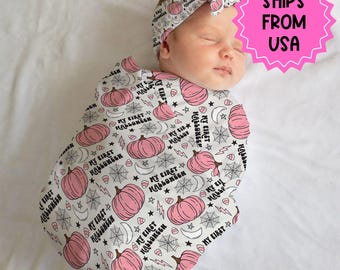 Personalisierte Mein erstes Halloween Swaddle Set, orange Kürbis Swaddle Bow Hut, Krankenhaus enthüllen Outfit benutzerdefinierte Babypartygeschenk